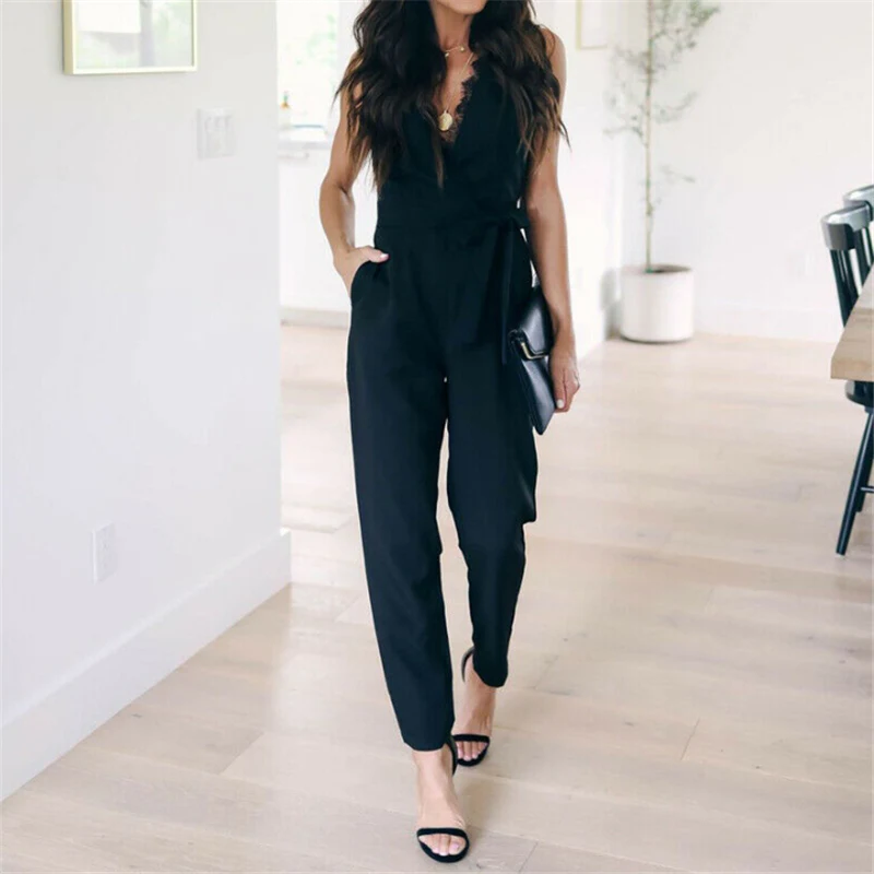 

Black Lace V Neck Women long Jumpsuit Elegant Female Jumpsuit Romper Casual Pocket Streetwear Summer Fashion Slim Overalls 2019