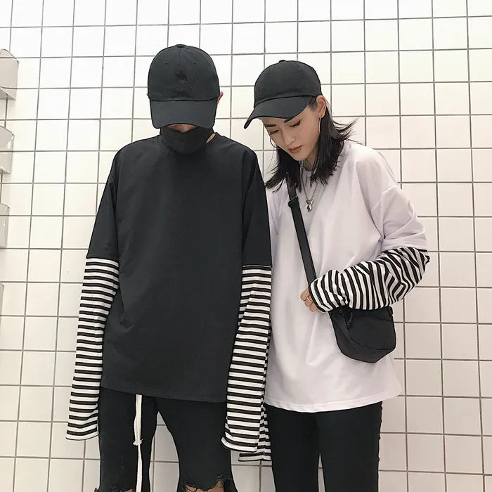 Polera Mujer, женская модная футболка, корейский стиль, Ulzzang, Harajuku, имитация двух частей, полосатая футболка, Женский Топ с длинным рукавом