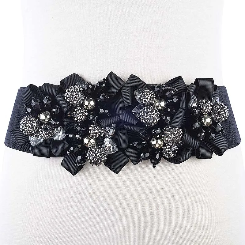 Горячее предложение модный дизайн с бисером тканый эластичный искусственный кристалл широкий пояс женские модные матерчатые пояса женские ремни пояс для женщин
