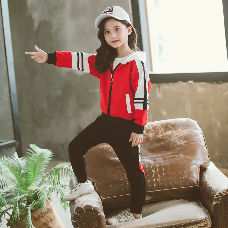 

Big Girls Clothes Fashion Hooded Sports Suit Girls Autumn Clothing 6 8 10 12 Year Zipper Jacket + Trousers 2pcs Set Child Outfit