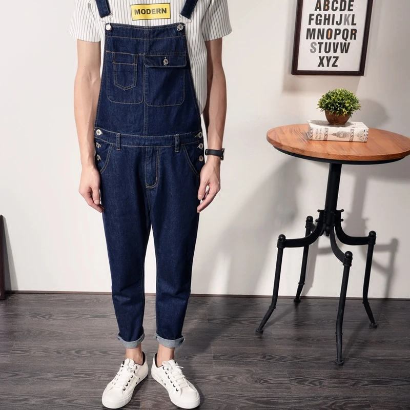 

Jeans Men Spring and Autumn Korean version of Denim Overalls Men's Japanese Overalls Jumpsuit Slim sling Denim trousers