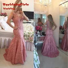 Custom Made Pink Lace Mermaid 2017 Sexy V Neck Beading Sheer Backless Vestido De Festa Longo Evening Dresses