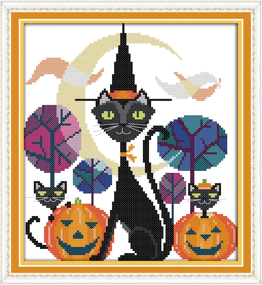 

The black cat of Halloween Printed Canvas DMC Counted Chinese Cross Stitch Kits printed Cross-stitch set Embroidery Needlework