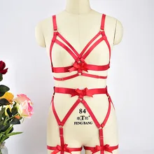 Готический Красный жгут бюстгальтера пояса с резинками Готический Фетиш Тела Бондаж набор женщин сексуальный полюс танец Связывание нижнее белье, Топы боди