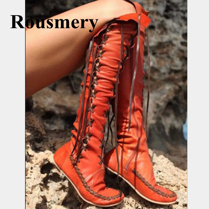 

2018 Newest Fashion Rome Style Flats Knee-High Side Zipper Round Toe Spring Autnmn Cross-tied Women Boots Eight Colors