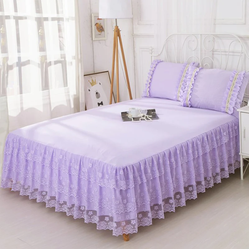 

1/3pcs Solid Color Bed Skirt Pillowcase Three layers Lace Bedspread Princess bedding Bed sheet Mattress cover For 1.5/1.8/2.0 M
