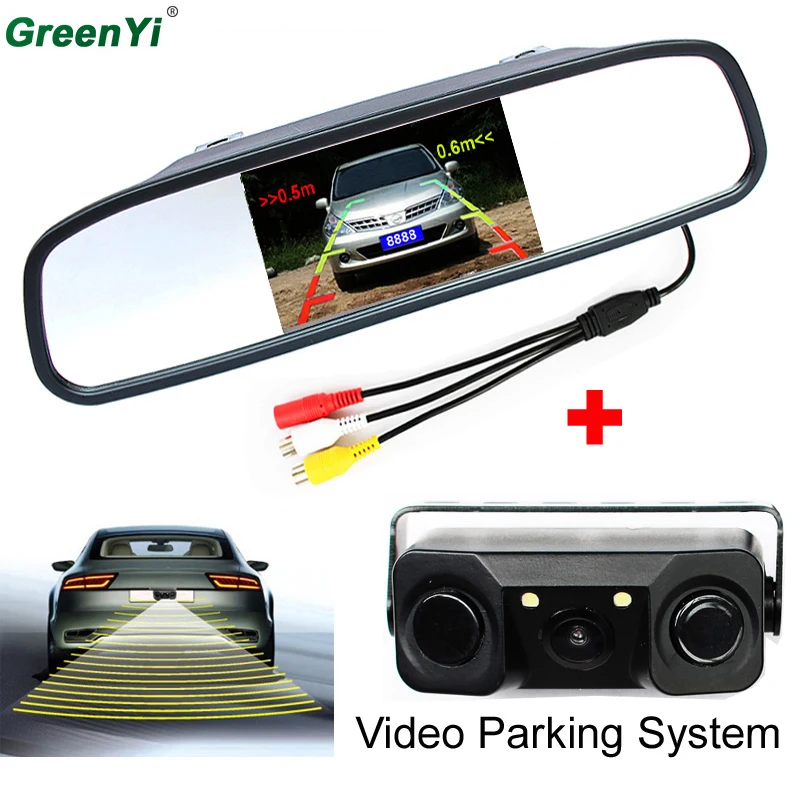 

3 in1 Video Parking Assistance Sensor Radar with Rear View Camera + 4.3 inch LCD Car Rearview Mirror Monitor Video Player