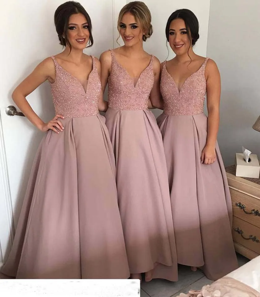 

Dusty Pink A-line Beaded Bodice Long Prom Dresses 2016 V Neck Tank Straps Formal Evening Gowns Seniors Party Dresses 2016
