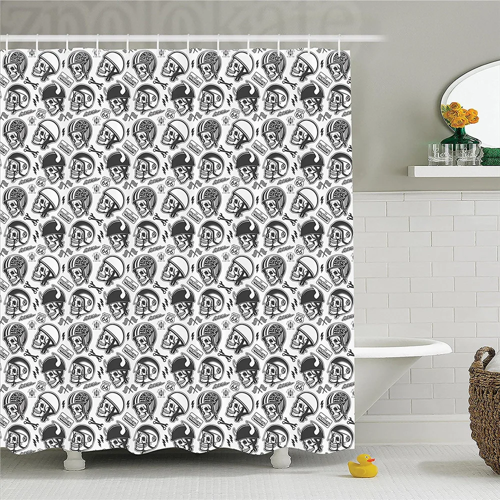 

Manly Decor Shower CurtaIn Set Pattern With Skulls Wearing Helmets Bone Bikers Repair Shops Services Artwork Bathroom Accessorie