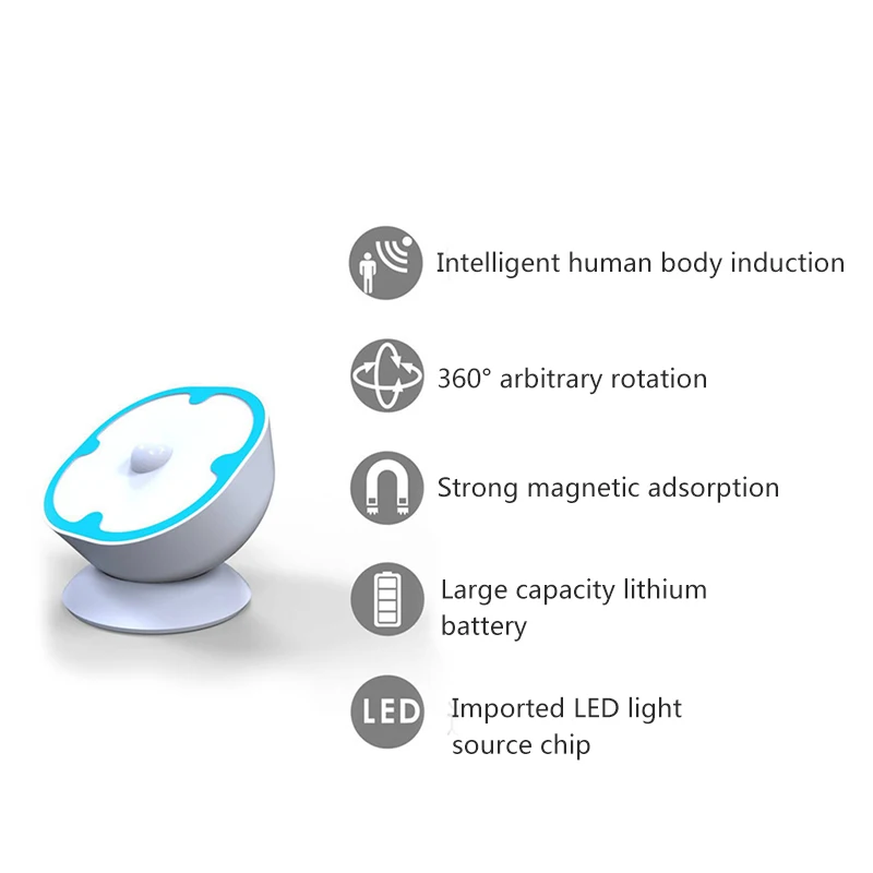 

New USB Charging LED Motion Sensor Night Light 360 Degree Rotating Bathroom Wall Cabinet Table Lamp NE