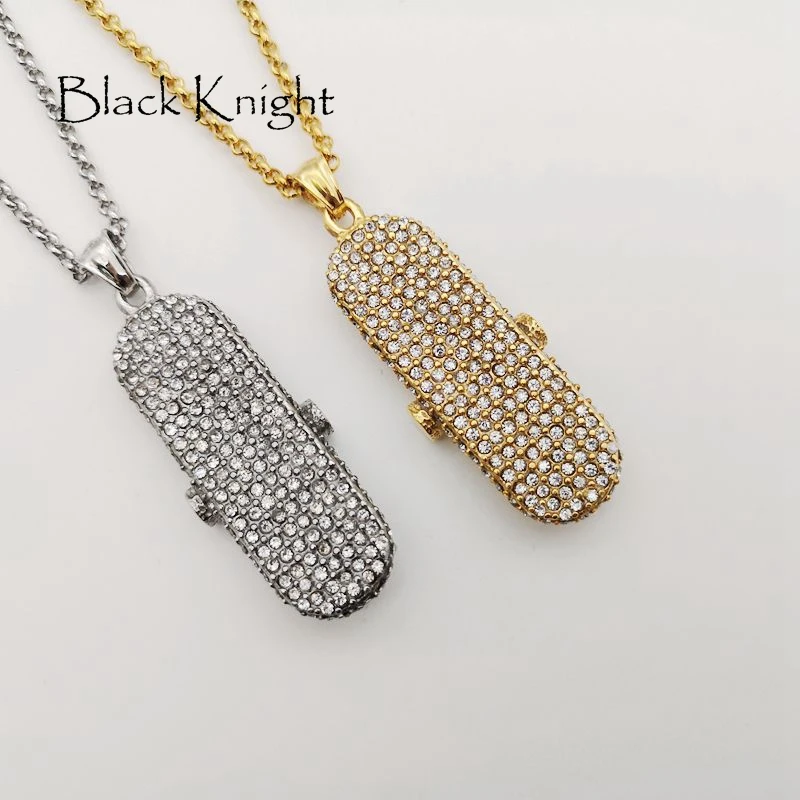 

Black Knight Full Rhinestones Bling Bling skateboard pendant necklace stainless steel hip hop rock skateboard necklace BLKN0784
