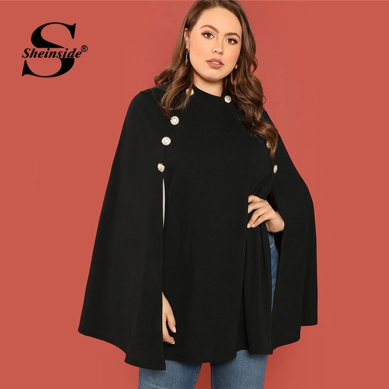 Sheinside Black Plus Size Ponchos Double Breasted Front Cape Coat Women