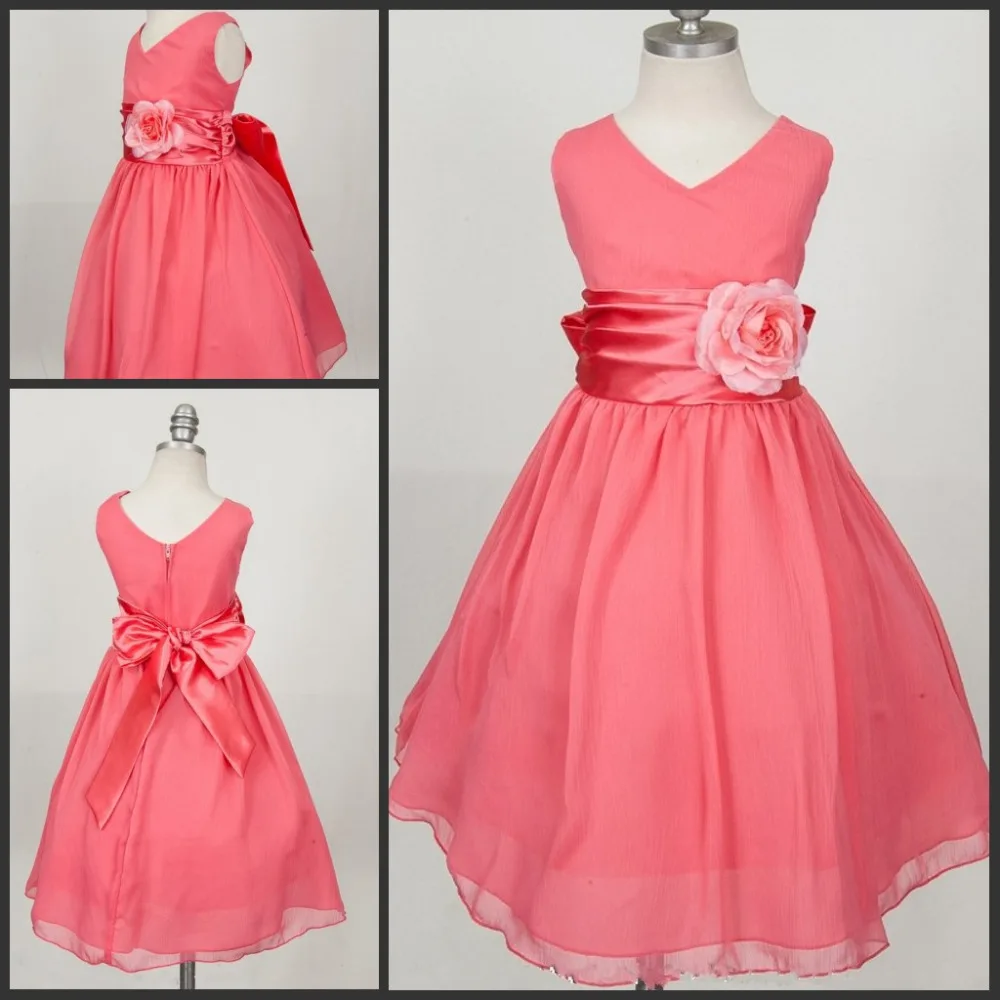 Coral Flower Girl Dresses V neck Chiffon Handmade Flower Child Dresses