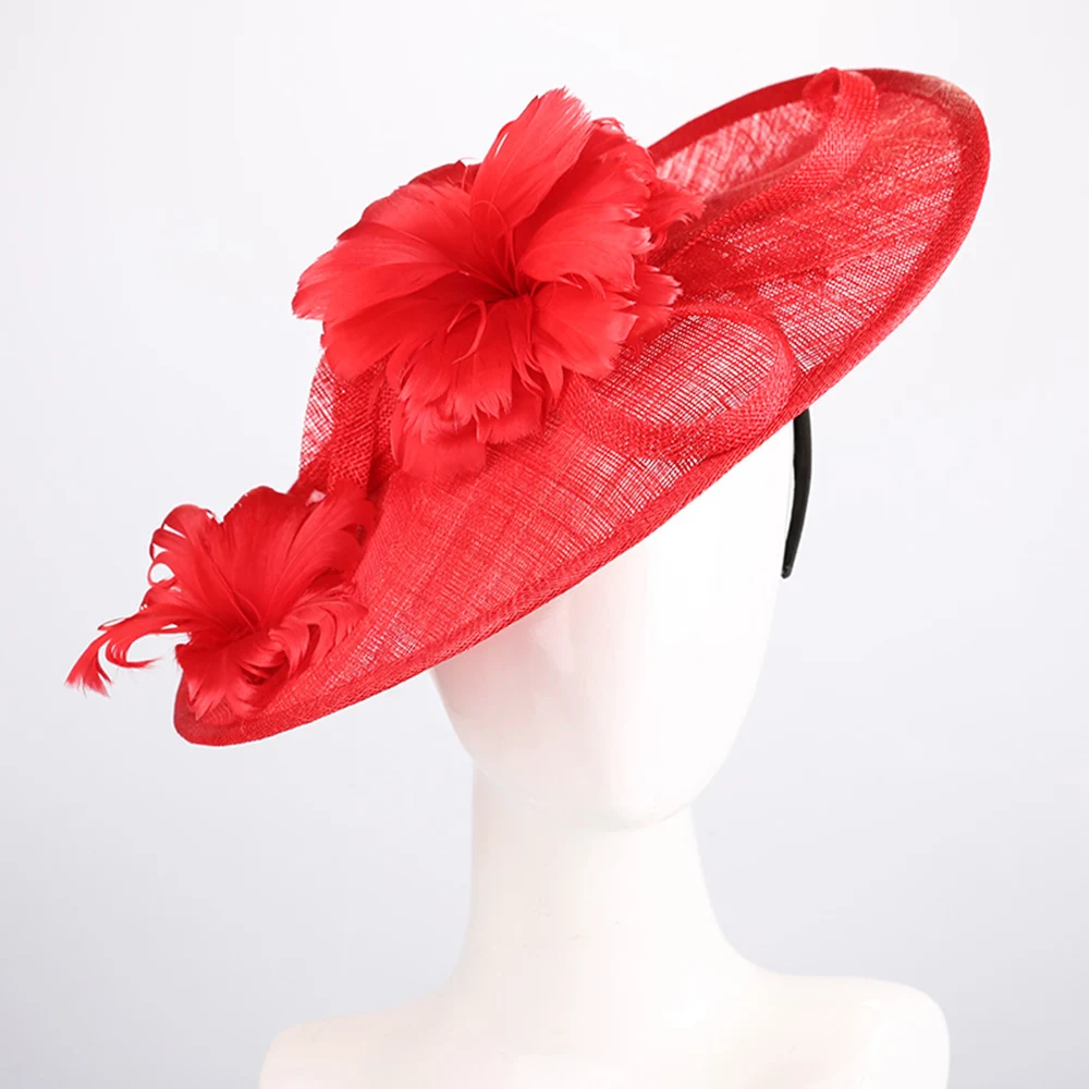 

Fascinator Woman Wedding Hats For Church Fedoras Hat Vintage Red Flower Linen Hat Headband Cocktail Tea Party Headwewar For Girl