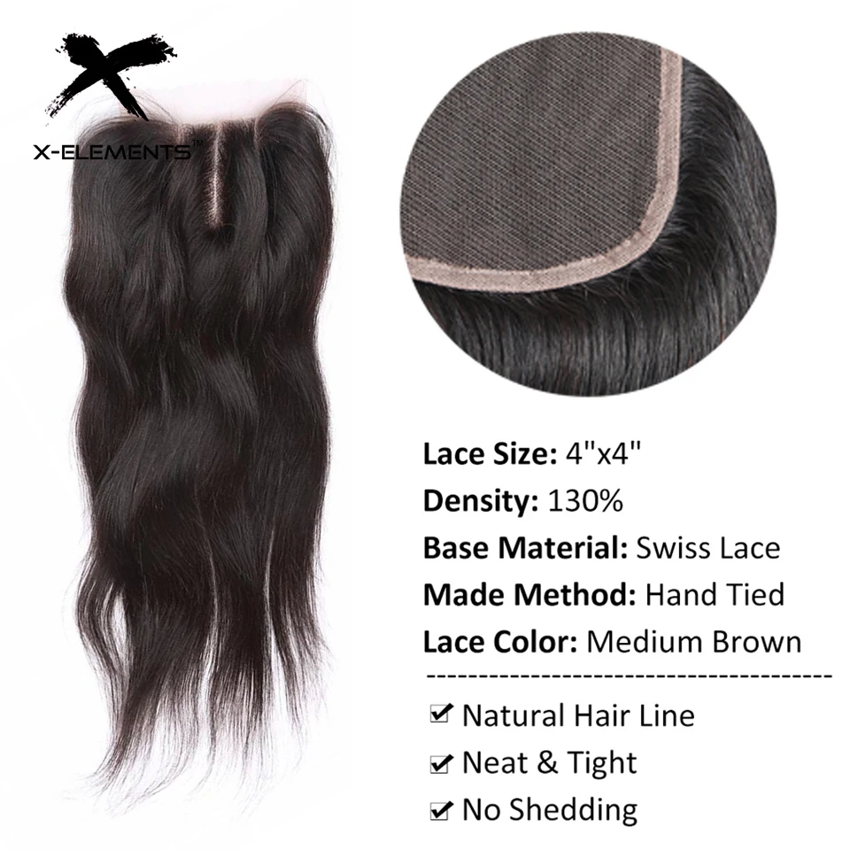 X-Elements Peruvian Straight Lace Closure Natural Color Human Hair Weaves Non Remy Hair 4x4 Free Middle Three Part Lace Closure (13)