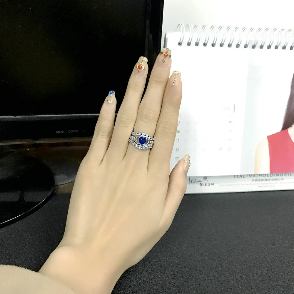 Double Fair Brand Blue Crown Heart Cubic Zirconia Ring Sets Silver Color Fashion Wedding Crystal Women Party Jewelry DFR615