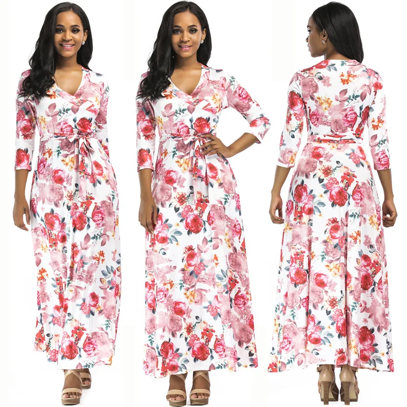 ShejoinSheenjoy New Pink Rose Print Dress Autumn V-Neck Sashes Bow Sexy Women Long Dress A-Line Casual Dresses Ladies Clothing (2)