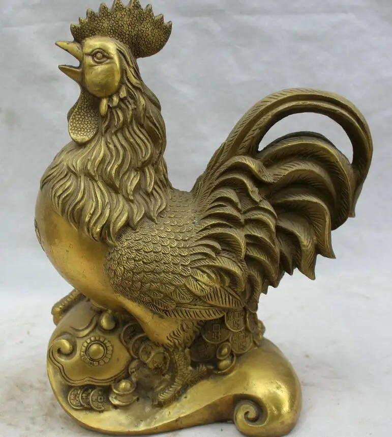 

70220<<<14" Chinese Folk Fengshui Brass Wealth Zodiac Year Rooster Cock Statue Sculpture