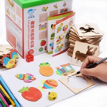 Free shipping Children s wooden animal models Copying Notebook toy plates paintings creative templates puzzle toys