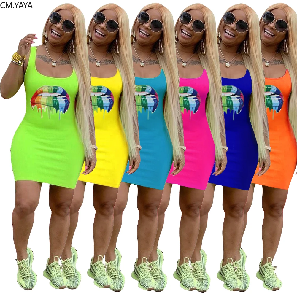 

2019 women summer Mouth Print bodycon Mini dress sexy Sleeveless dresses vestidos Bohemian vintage dress Casual GLYM-8441