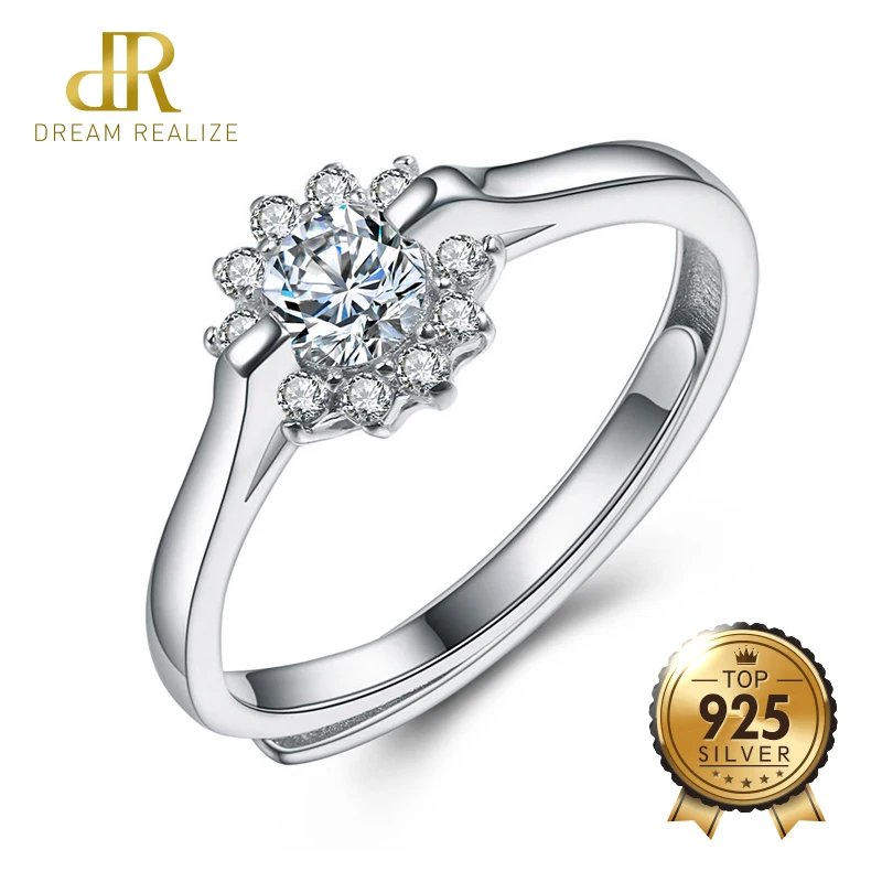 

DR Authentic Shiny SW Zircon Flower S925 Rings for Women Adjustable Size Simple Ring 925 Sterling Silver Wedding Bride Jewelry