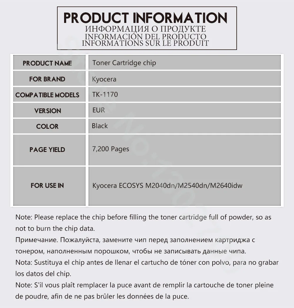 Chip do Cartucho de Toner para Kyocera Ecosys M2040dn M2540dn M2640idw M2040 M2540 M2640 2040dn Reset Eur 100x Tk1170 Tk-1170 tk 1170 2 cartucho de toner Para Kyocera ECOSYS M2040dn