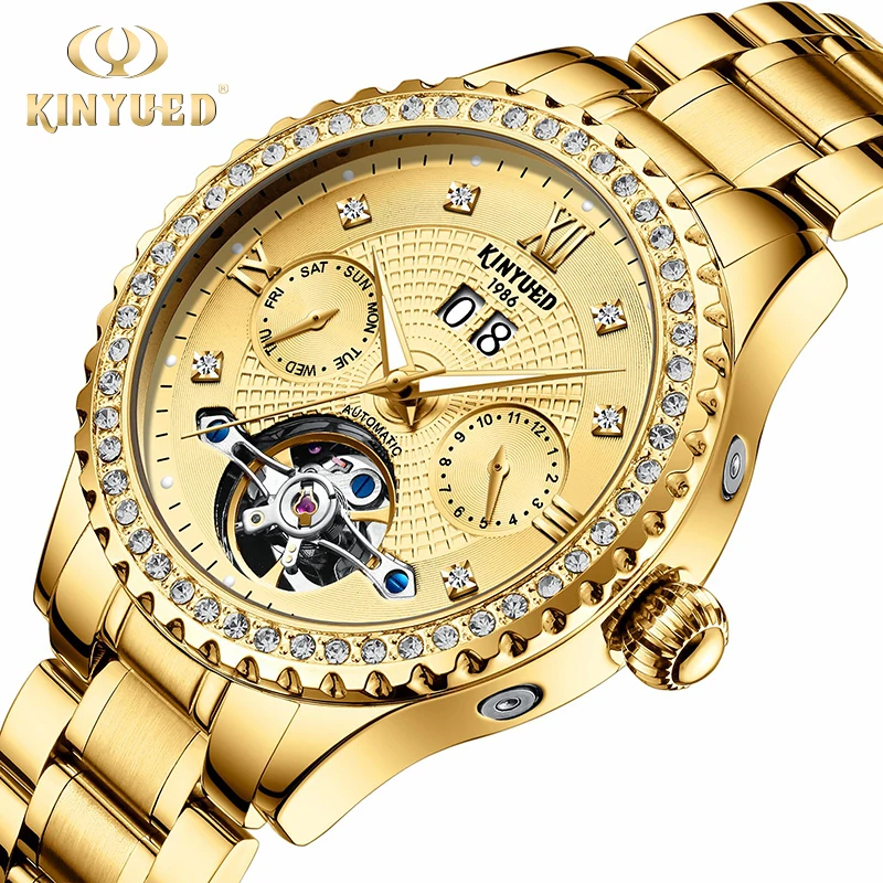 

KINYUED Skeleton Mens Watches Top Brand Luxury Automatic Mechanical Watch Tourbillon Self Winding Militar Gold relogio masculino