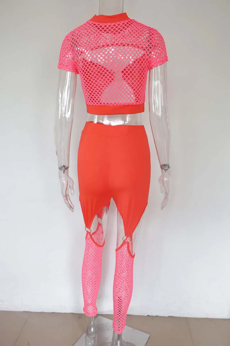 Beyprern горячие девушки прозрачные неоновые оранжевые сетки жгут брюки набор из двух частей сексуальный вырез Высокая талия соответствующие Набор Ночной Клубная одежда