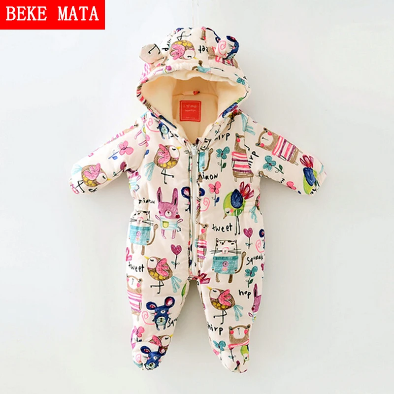 Newborn Baby Girl Clothes Cartoon Baby Boy Rompers Winter 2018 Graffiti Zipper Cotton Baby Snowsuit Thick Warm Toddler Jumpsuits