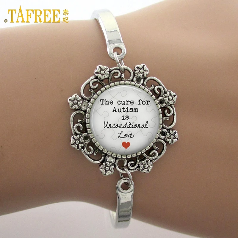 

TAFREE Brand The cure for Autism is unconditional like Glass Gem Lace Charm Bracelet Phrase Note Photo Bangle High Quality NS190