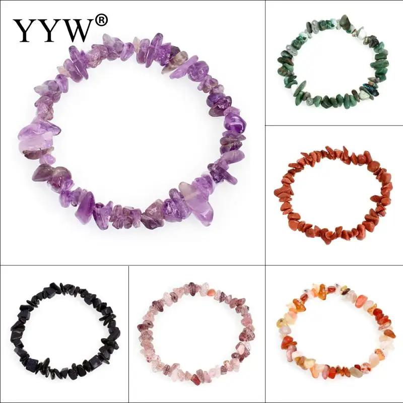 

YYW Natural Gems Stone Wristband Bracelets Women's Simple Circle Chips Nuggets Clear Quartz Opal Moonstone Stone Bracelets