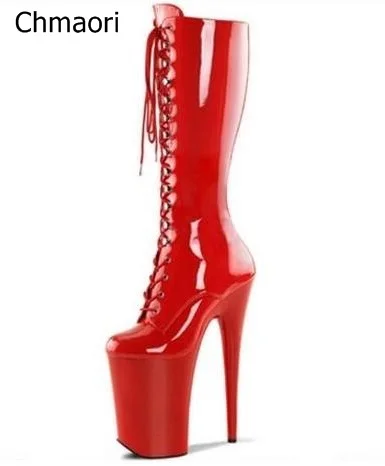

Drop Shipping New Women Fashion Red Black Patent Leather PU Platform Waterproof Lace Up Front Mid-calf 15 cm /20 cm heels Boots