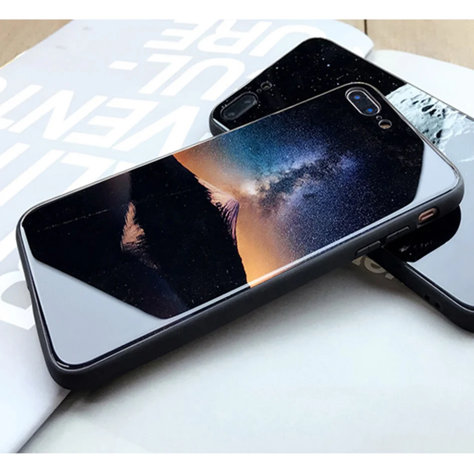 TOMKAS Temper Glass Case For iPhone X 8 7 6 6s Plus Cover Phone Cases For iPhone X 8 7 6 s Case Silicone TPU PC Star Sky Pattern (11)