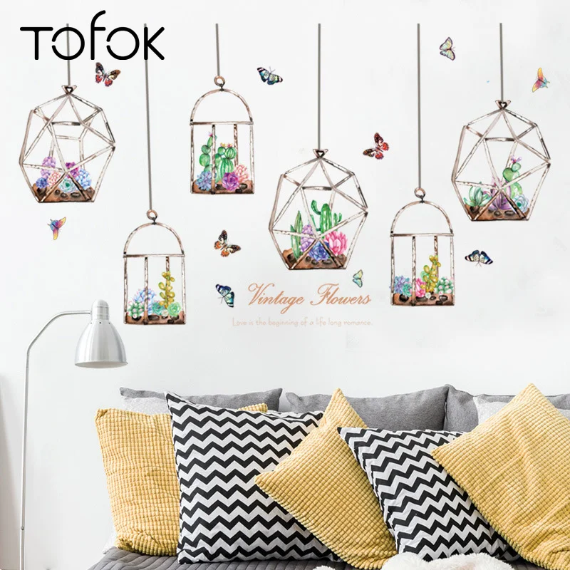 

Tofok Cartoon Cactus Wall Stickers Nordic Style Hanging Basket Wall Bedroom Study Plants Decal Adhesive Balcony Home Decor