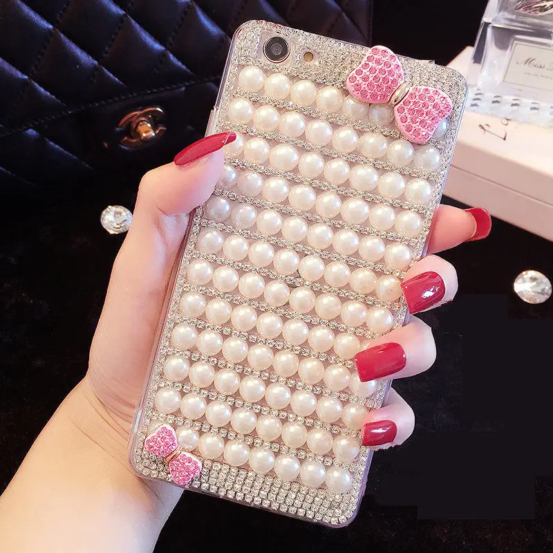 

For Samsung S6 S7 edge S8 S9 S10 plus Note 5 8 9 Glitter Pearl Rhinestone Bow Phone case Shine Soft Rubber Diamond Back cover