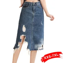 Большие размеры уличная винтажная рваные джинсы длиной до щиколотки с бахромой юбка 3Xl 5Xl 7Xl корейские с разрезами зауженные джинсы Юбки