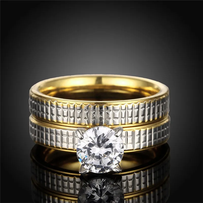 LKO Korean Style Fashion Personality Double Zircon Ring 316L Stainless Steel Rings aureate Wedding Jewelry TGR041-A