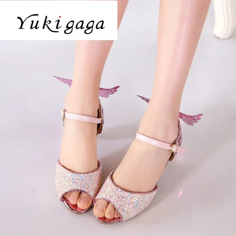 Yukigaga/обувь принцессы на высоком каблуке с блестками для девочек, 2019 Нескользящая детская обувь, детская обувь с кристаллами, b22d