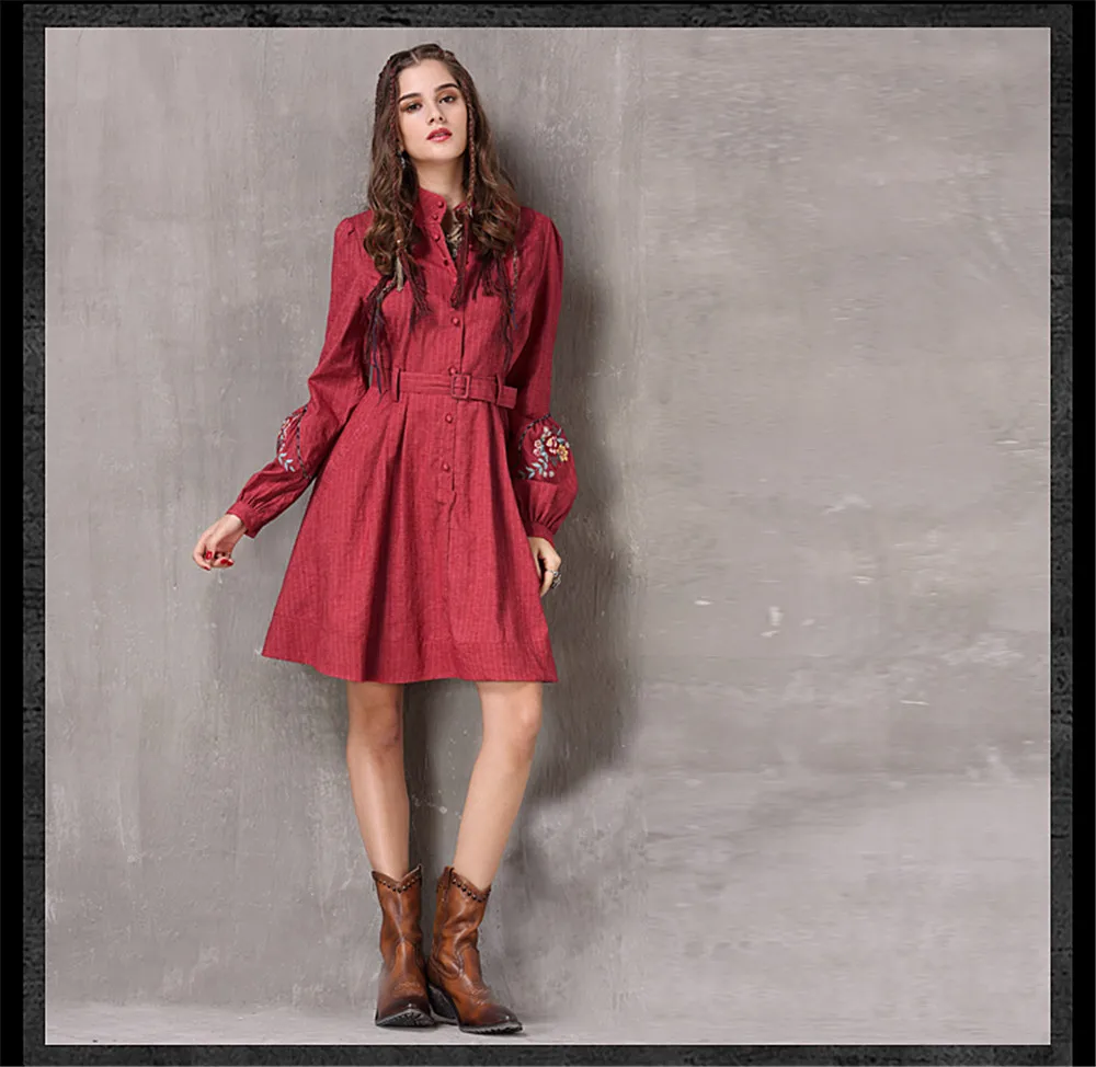 Vintage Spring Women's Dress 2018 New Cotton Linen Vestidos A-line Lantern Sleeve Stand Collar Belted Red Dresses For Women (8)