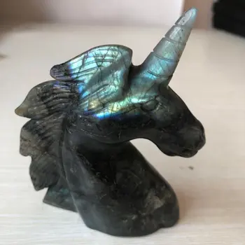 

Wholesale Flashy Natural Hand Carved Labradorite Stone Crystal Unicorn Statue For Decoration FMX