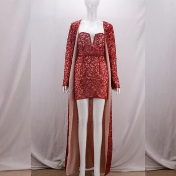 

2019 Elegant Long Sleeve Two 2 Pieces Dress Wine Red Strapless Backless Sexy Women Sqeuins Celebrity Vestidos Party Dresses