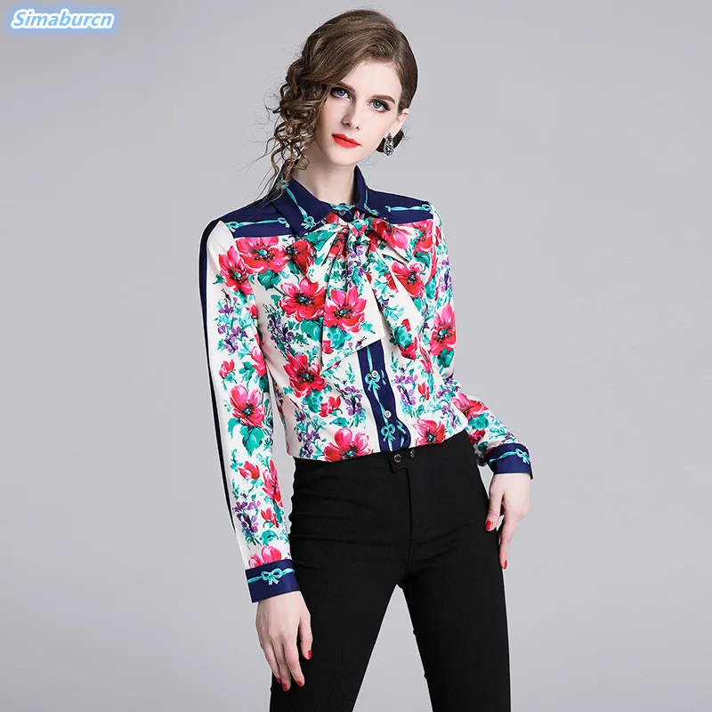 

New Arrival 2019 Flowers Print Top Women Long Sleeve Elegant Bow Blouse Autumn Spring Ladies Office Shirt Blouse Femininas