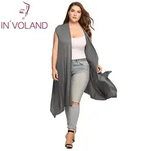 IN'VOLAND женский кардиган размера плюс без рукавов сплошной драпированный открытый передний Асимметричный летний осенний длинный кардиган