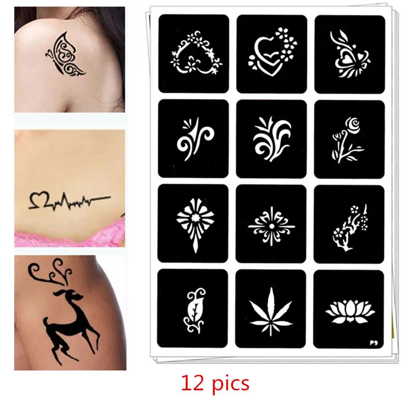 

12 pics Henna Party Tattoo Stencils DIY Jagua Drawing Templates Airbrush Painting Mehndi Body Art Small Flash Tatoo Stencil C27