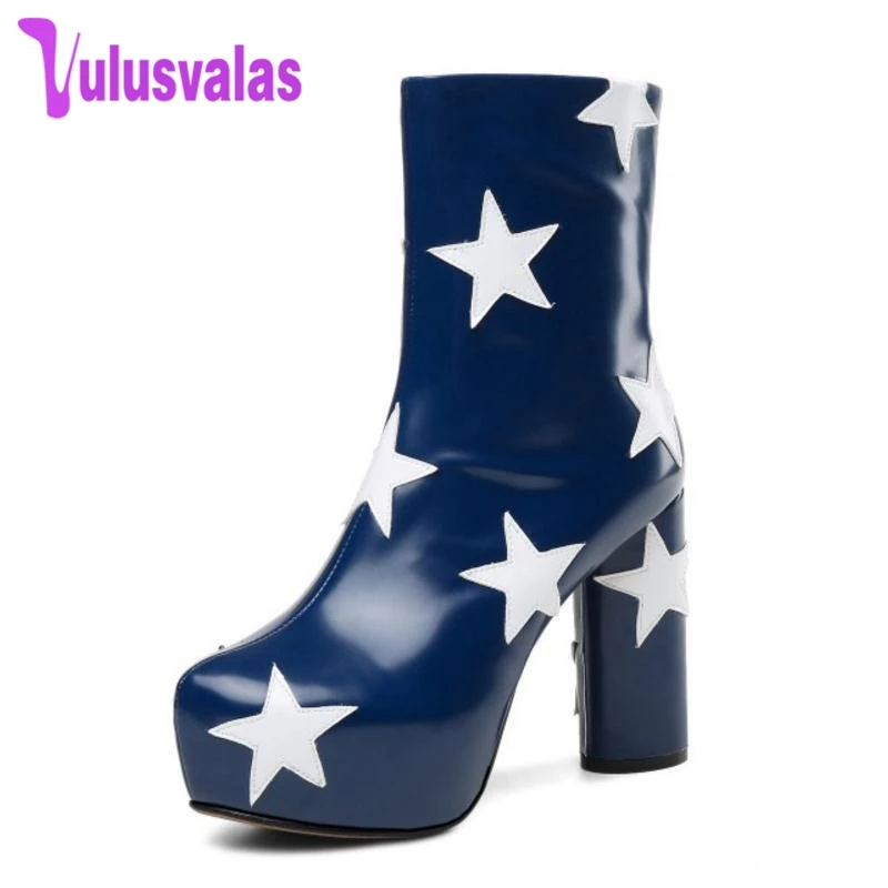 

Vulusvalas Size 34-43 Women High Heel Boots Winter Genuine Leather Ankle Mixed Color Print Shoes Woman Platform Zipper Boots