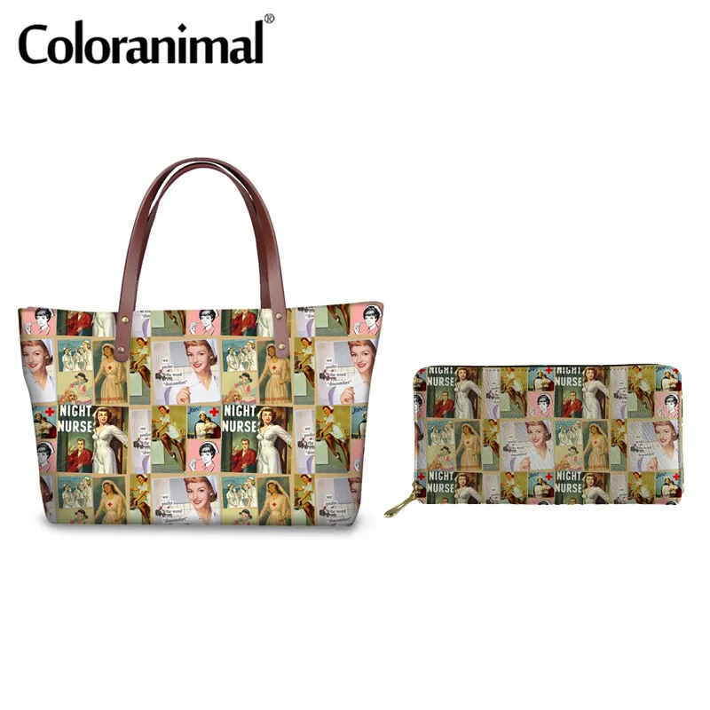 Coloranimal الرجعية ممرضة نمط النيوبرين يد للنساء مجموعة كبيرة للمتسوقين حقيبة كتف الأعلى مقبض حقيبة الفاخرة تصميم حمل أكياس