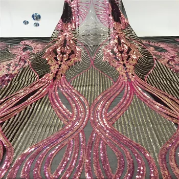 

African French Lace Fabric with sequins High Quality African Tulle Lace Fabric with sequins 5yards pink sequin lace fabric