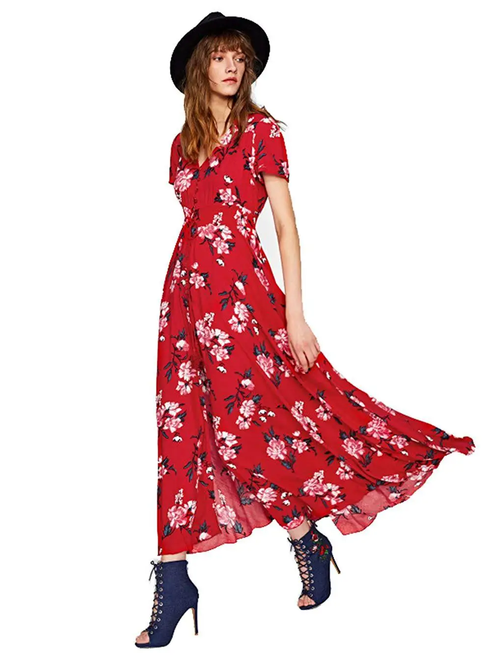 

Summer Women's Floral Maxi Dresses Boho Button Up Split Beach Party Dress Sexy V Neck Short Sleeve Dress Vacation Plus Size XXL