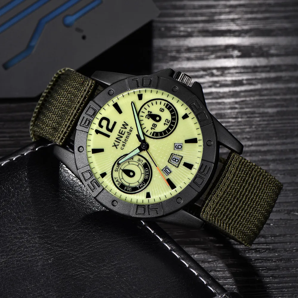 XINEW Canvas Wrist Watches Men's Sport Calendar Clock Relogio Masculino Top Brand Men Steel Dial Military Quartz Watch#Zer