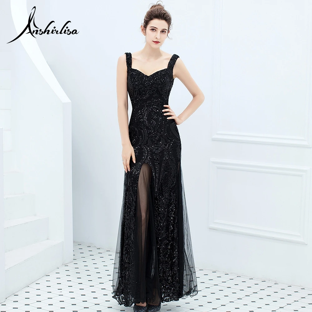 

Anshirlisa Women Sexy Black Evening Long Dress Luxury Sequin Tulle Illusion High Slit Elegant Party Formal Prom Dinner Gala Gown